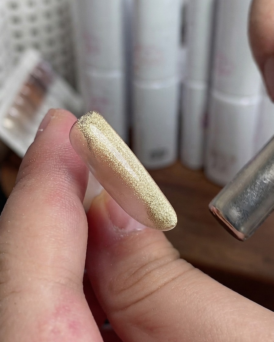 Une pointe dongle dindex avec du vernis cat-eye doré à côté dun aimant.