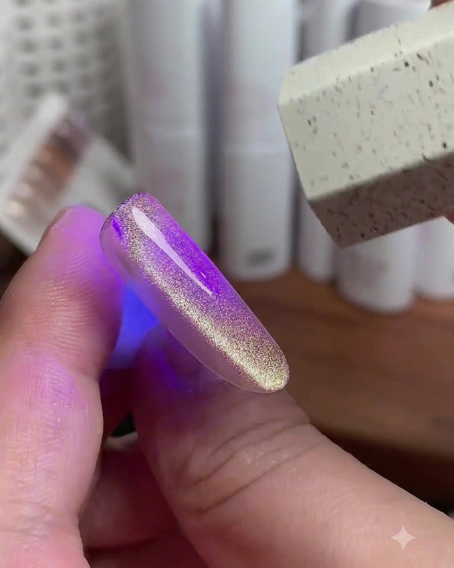 Une lumière UV violette catalysant le vernis à ongles cat-eye doré avec un outil à proximité.