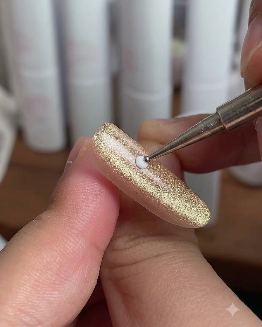 Gros plan dune prothésiste ongulaire utilisant un outil à pointer pour placer de petits points blancs autour dun point central sur un ongle cat-eye doré.