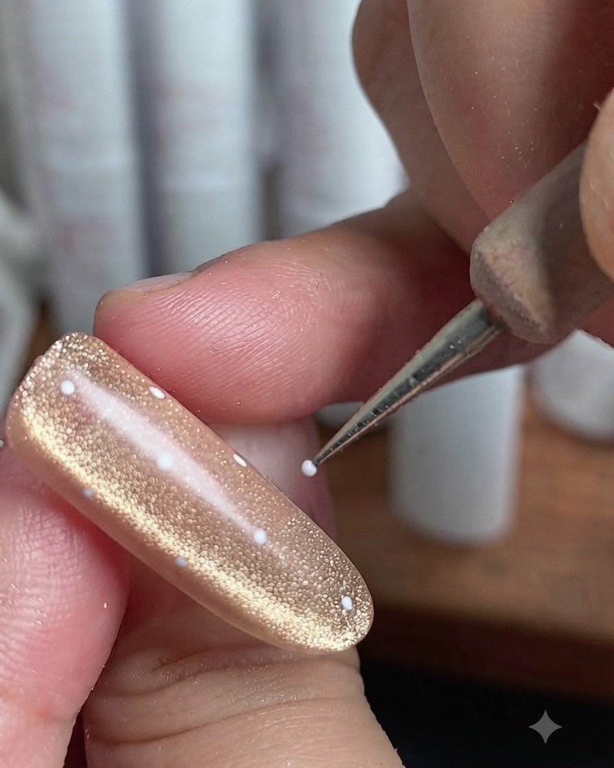 Un onglet avec un motif de points blancs en cours de catalysation sous une lampe à ongles UV.