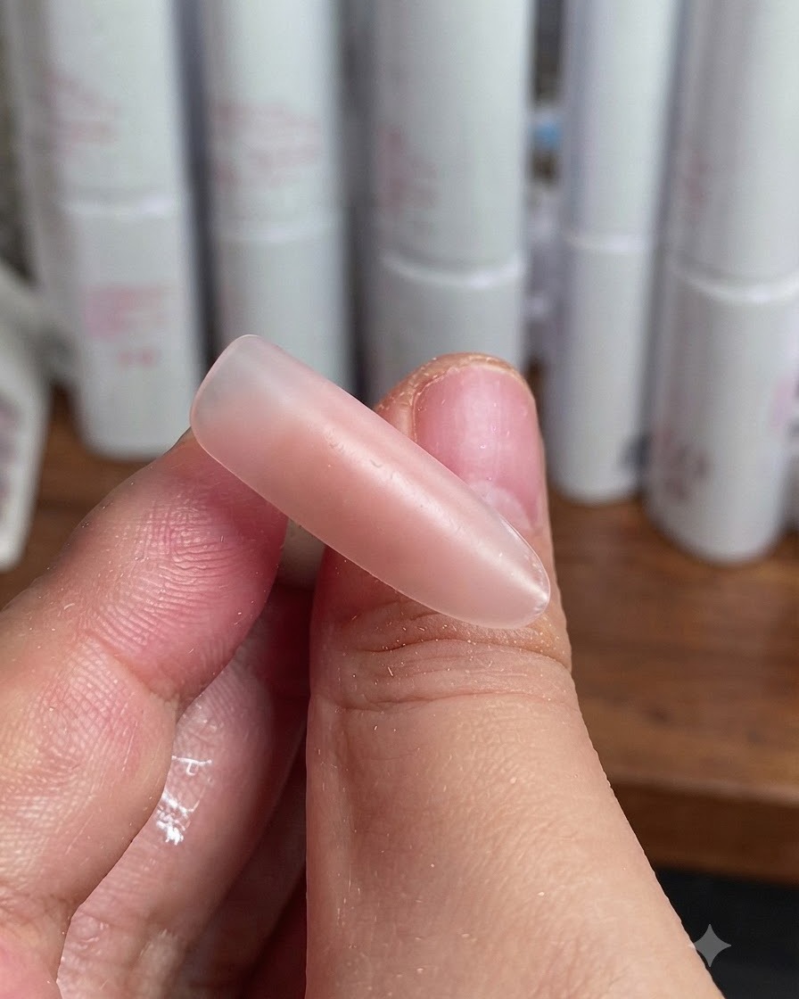 Un pinceau liner fin dessinant une ligne diagonale blanche sur un ongle rose clair.