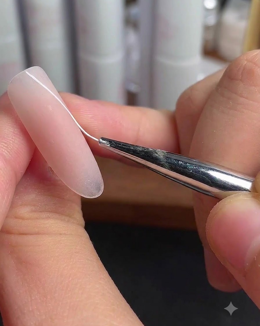 Un pinceau liner ajoutant des lignes diagonales blanches parallèles à un ongle dannulaire.