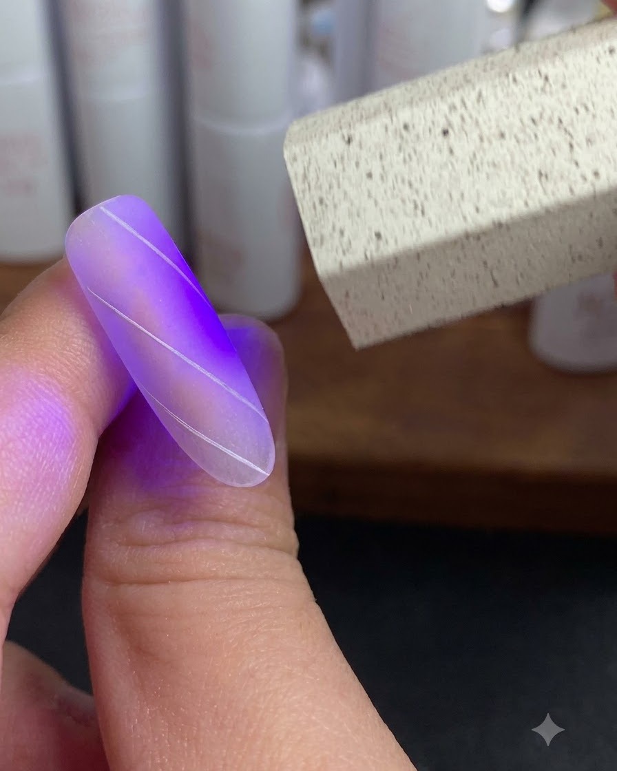 Un pinceau liner ajoutant des lignes dintersection pour terminer le design de damier blanc sur un ongle.