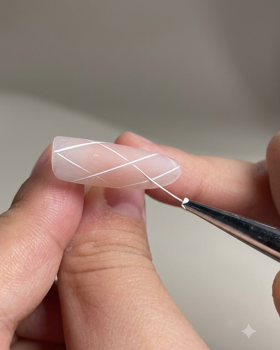 Un ongle sous une lampe UV catalysant les lignes de damier blanches.