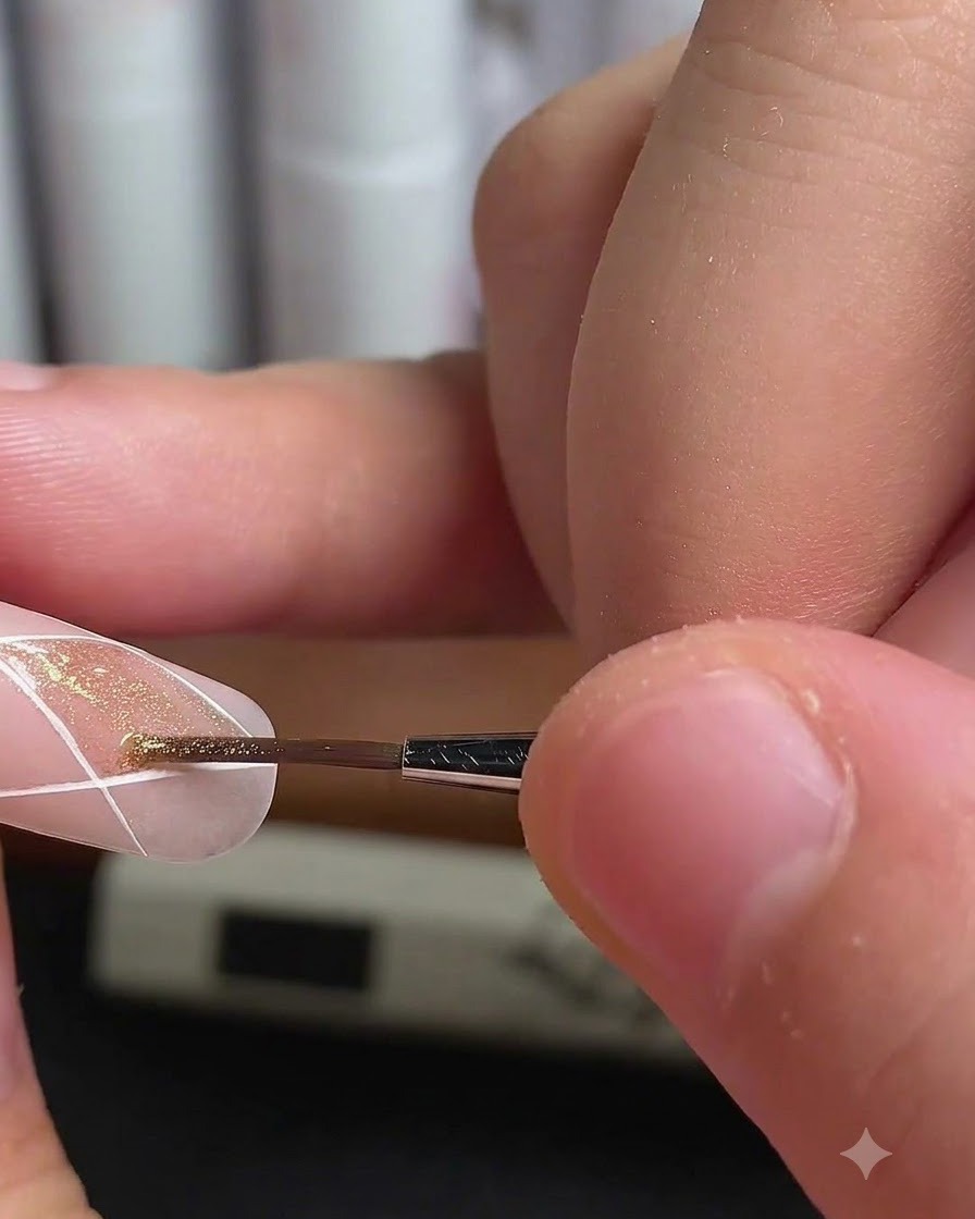 Un pinceau fin appliquant du vernis cat-eye doré à lintérieur dune section de losange sur un ongle.