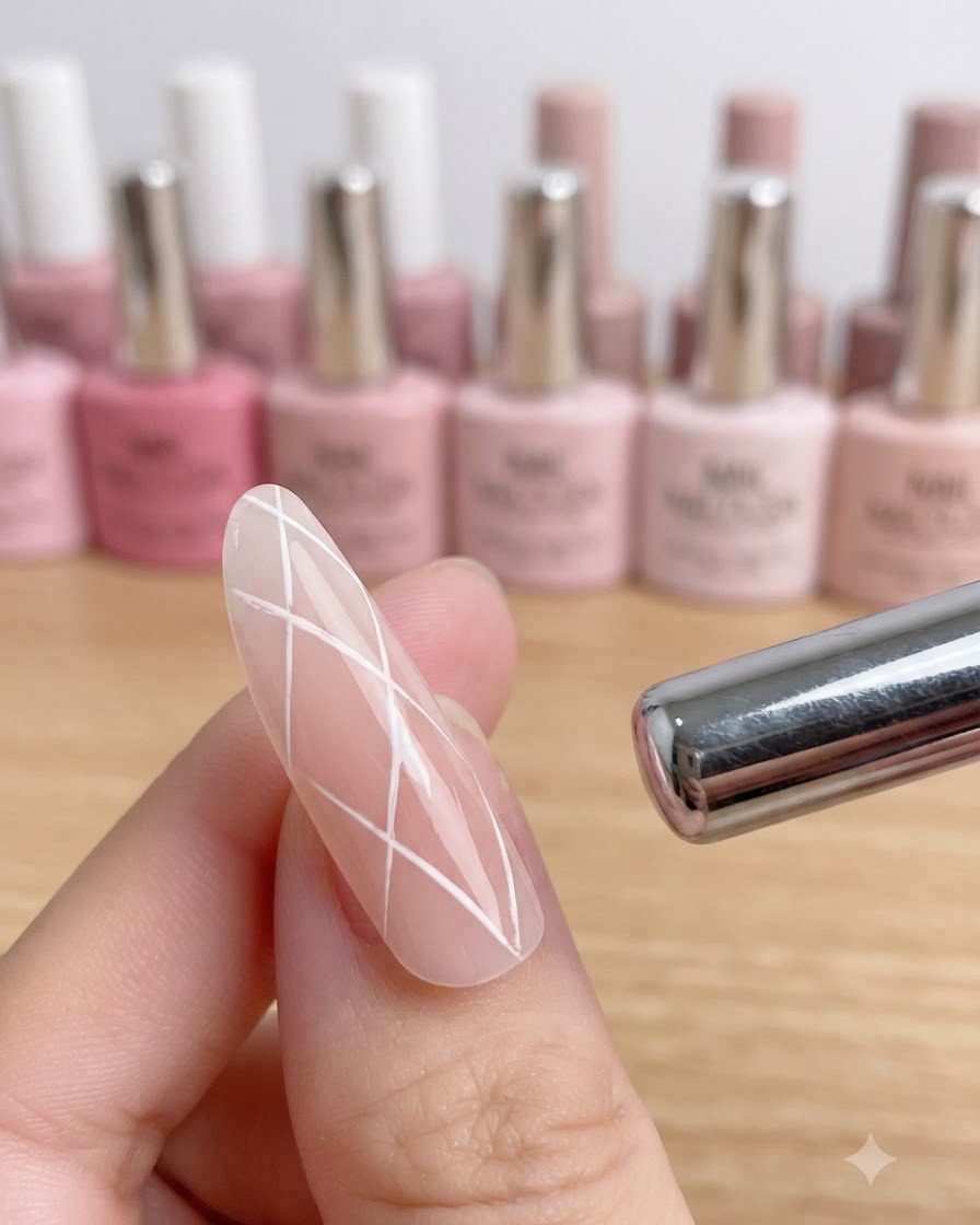 Un ongle à côté dune lampe UV catalysant le remplissage de losanges dorés.