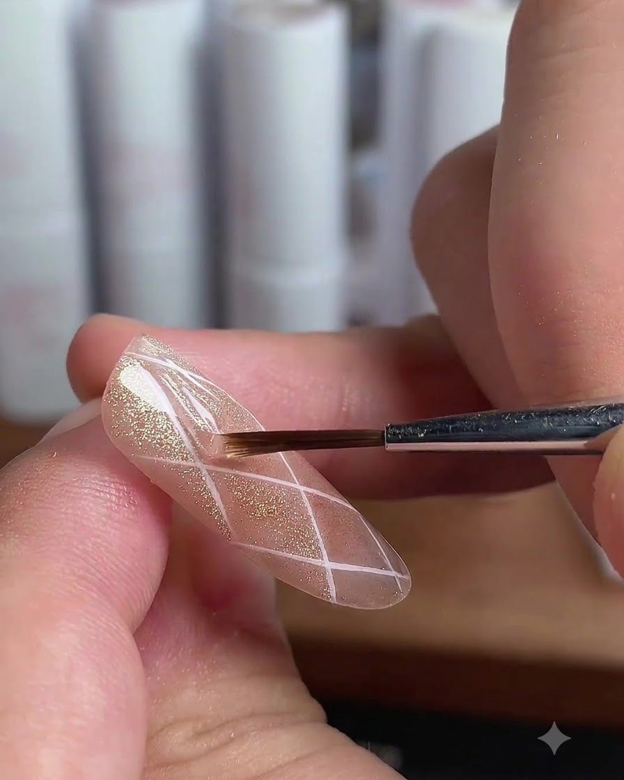 Un pinceau appliquant un top coat sur des sections de losanges individuelles dun ongle.