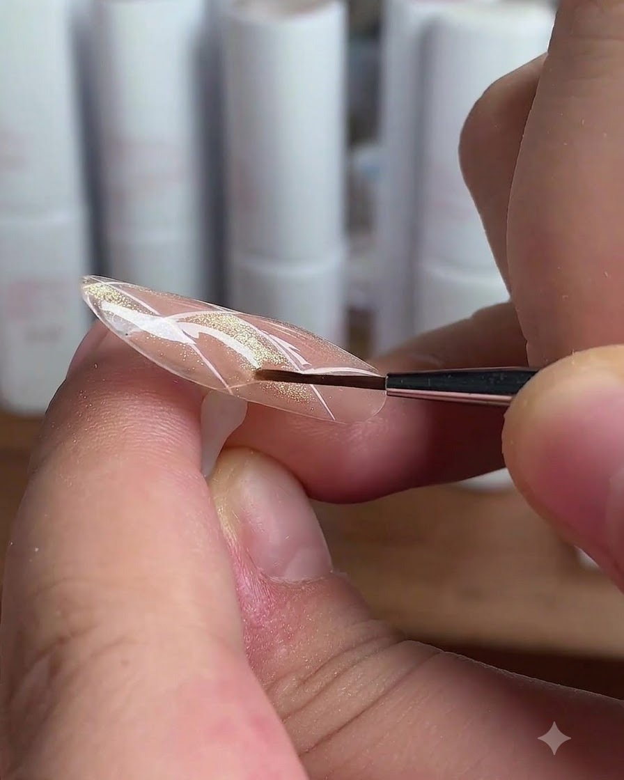 Un ongle avec un top coat dimensionnel sous une lampe UV.