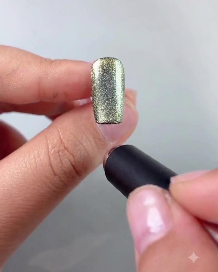 Un bâtonnet aimanté tenu près du côté dune pièce dongle cat-eye chatoyante dorée et verte.