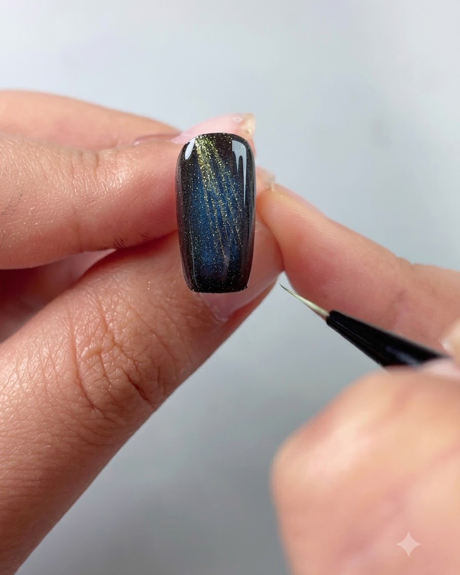 Un pinceau fin de détail dessinant des lignes dorées délicates à partir du bord arrière dune pièce dongle cat-eye.