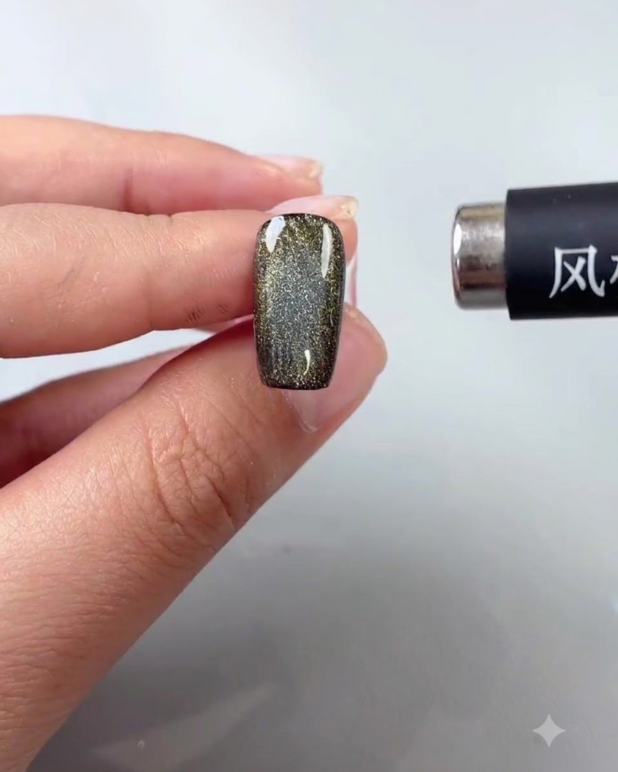 Un bâtonnet aimanté tenu près dune pièce dongle cat-eye pour tourbillonner et rassembler les particules en un effet de perle brillante.