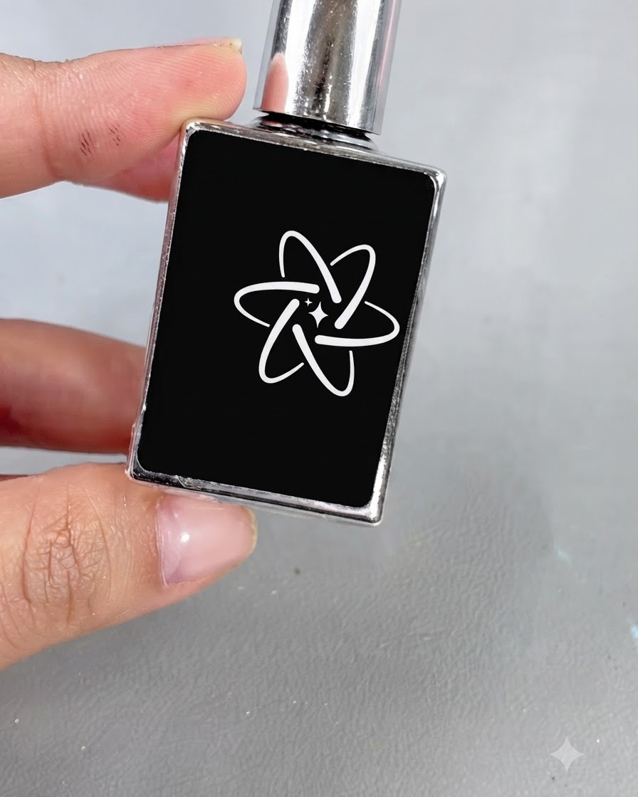 Un bouteille noire avec un bouchon argenté et une icône blanche en forme datome étiquetée avec du texte, représentant un gel de renforcement souple.