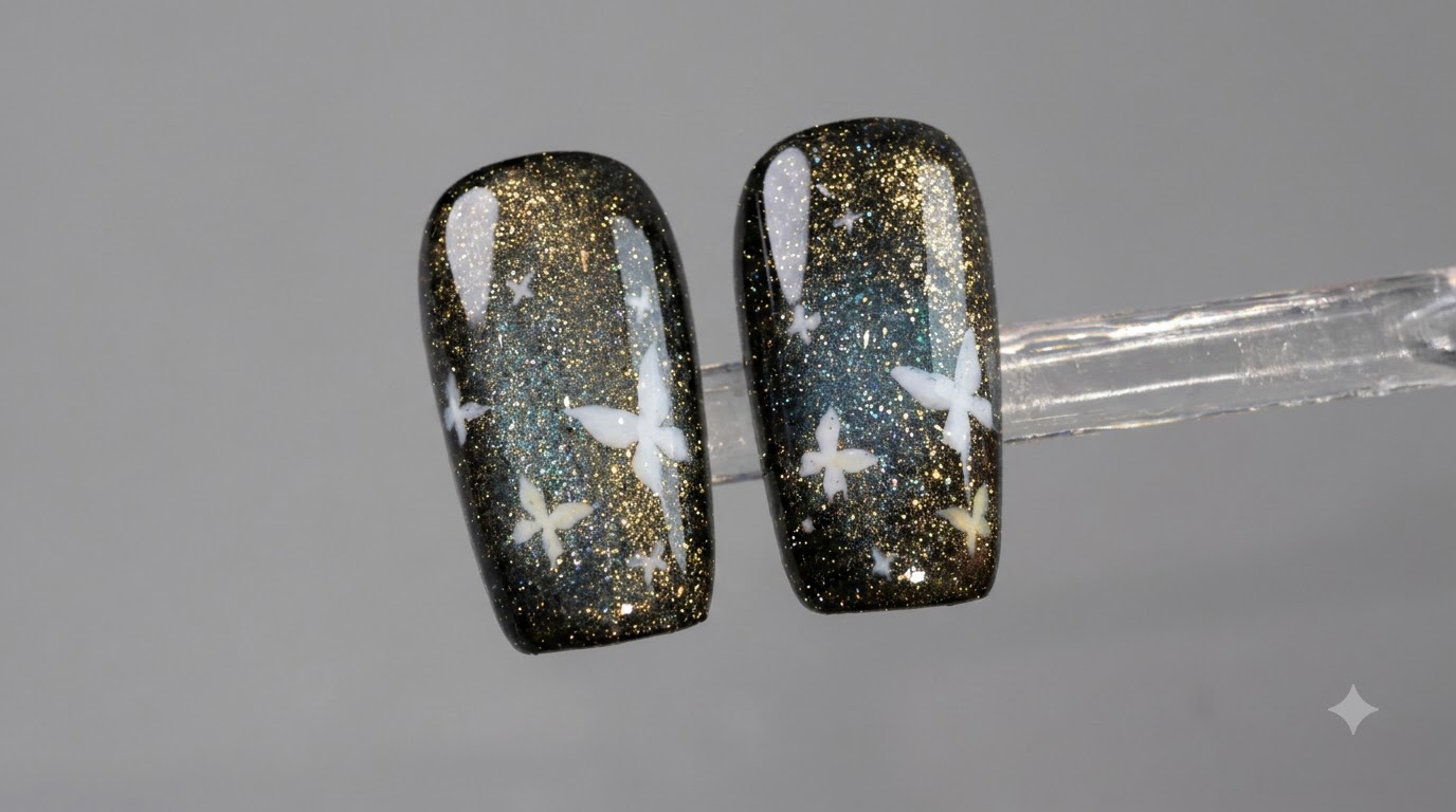Ongles Effet Œil-de-Chat Papillon Doré et Étoiles filantes — Tutoriel Pas à Pas