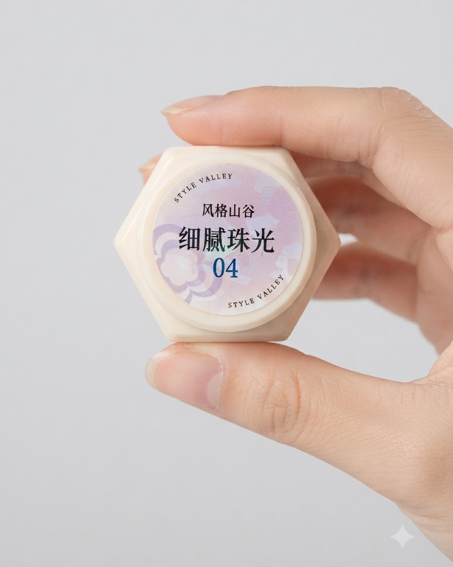 Un petit contenant hexagonal de gel nacré délicat numéro 4 tenu par une main.