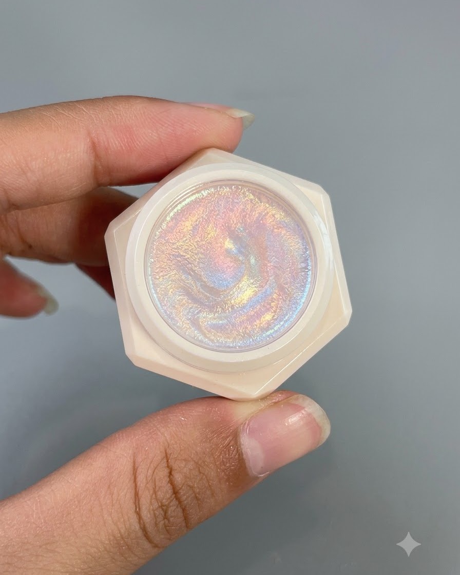 Un petit contenant montrant la surface scintillante du gel nacré délicat numéro 3.