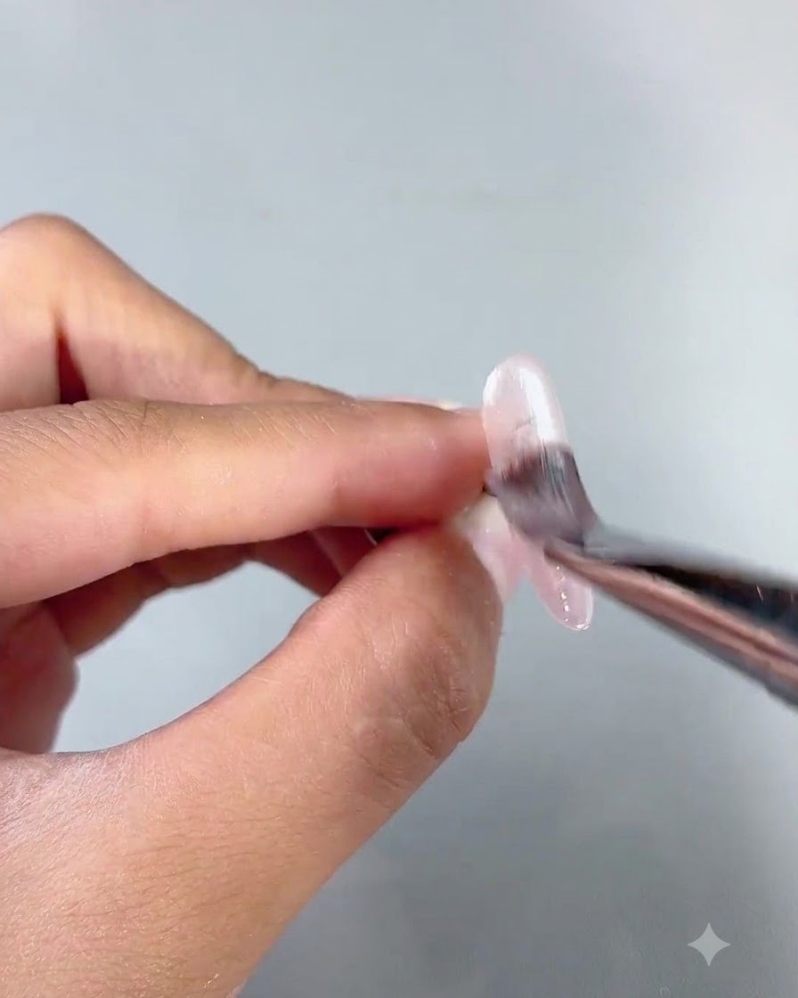 Un pinceau à ongles appliquant du gel aqua transparent sur une extension dongle tenue entre les doigts.