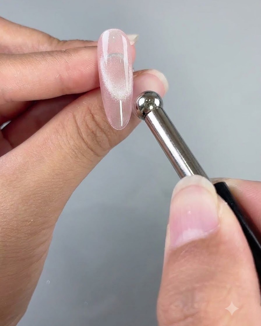Un bâtonnet aimanté planant près dun ongle en gel œil-de-chat rose transparent pour former un reflet lumineux concentré.