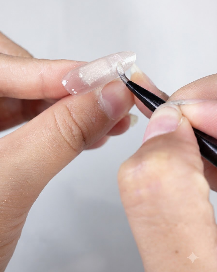 Un pinceau liner trempant dans le gel nacré délicat numéro 3 par-dessus un ongle préparé.