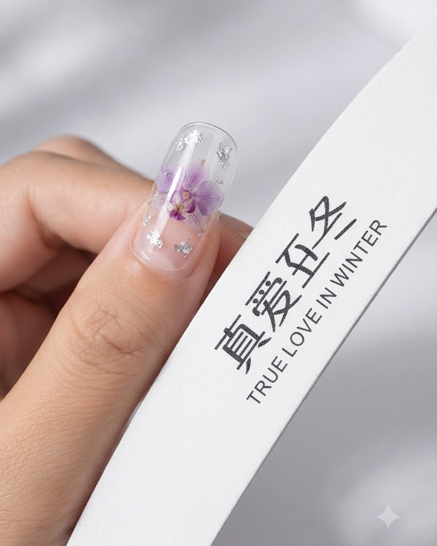 Une lime à ongles lissant la surface dun ongle artificiel transparent orné de détails floraux violets et de flocons de feuille dargent.