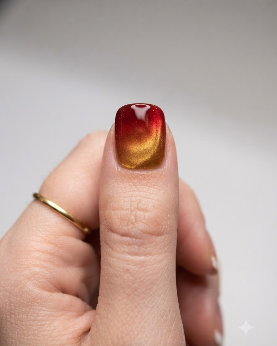 Vue rapprochée dun bâtonnet aimanté tenu près dun ongle de pouce peint en gel œil-de-chat jaune.