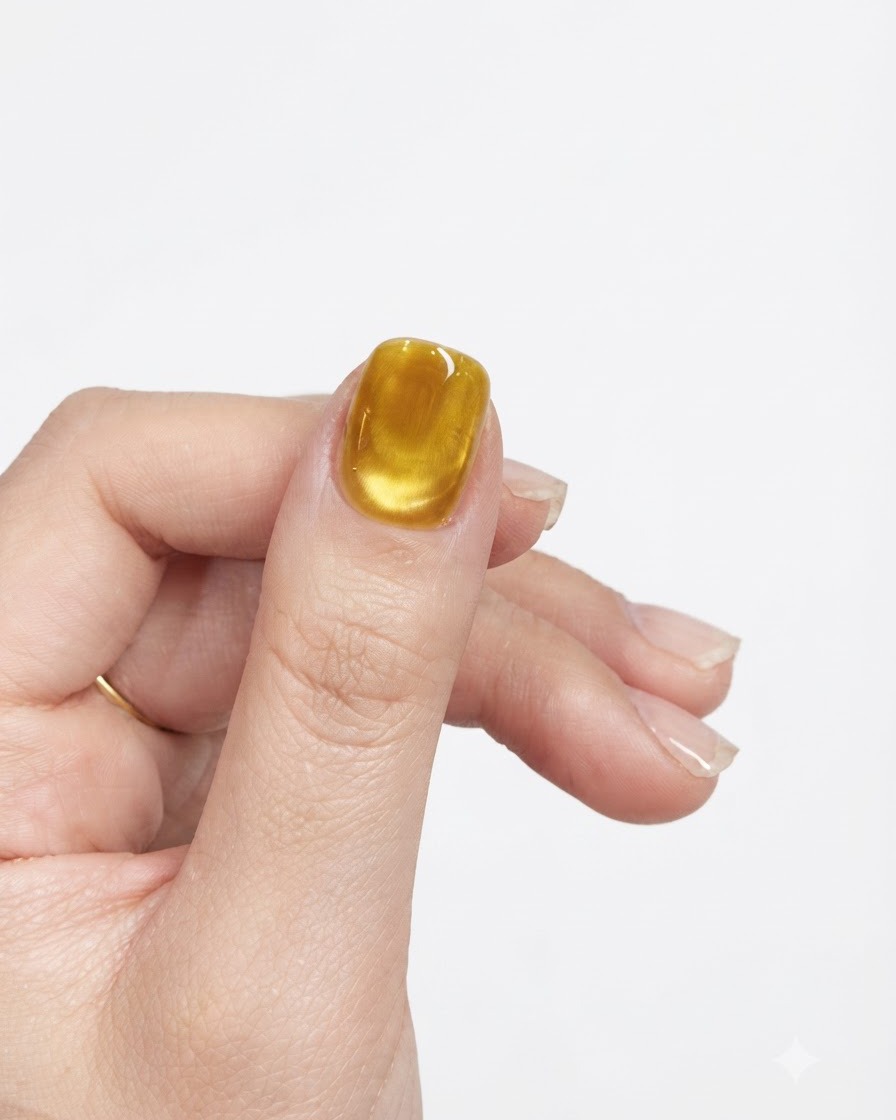 Affichage clair dune base en gel œil-de-chat jaune entièrement catalysée sur un ongle de pouce sur fond neutre.