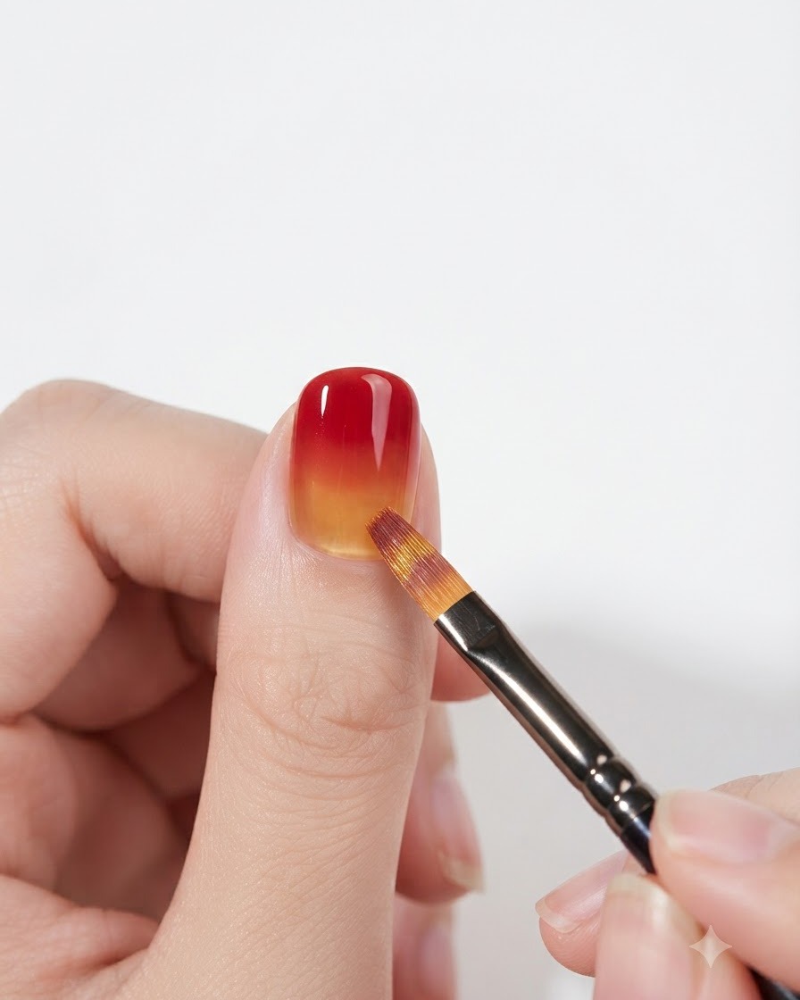 Un pinceau à gel plat estompant doucement la zone de transition entre le rouge et le jaune sur un ongle.