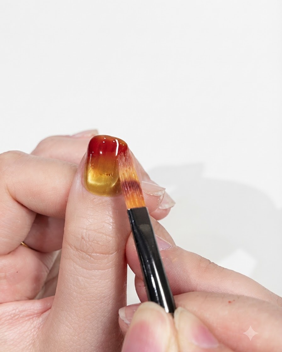 Une mini lampe à ongles UV/LED positionnée directement au-dessus dun doigt, catalysant le design en gel dégradé rouge et jaune.