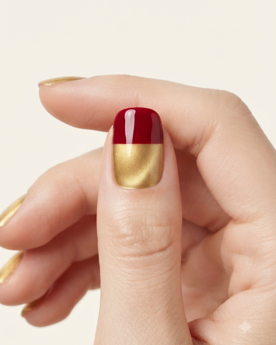 Gros plan dun ongle avec un bloc précis de vernis gel rouge appliqué sur le bout par-dessus une base dorée.
