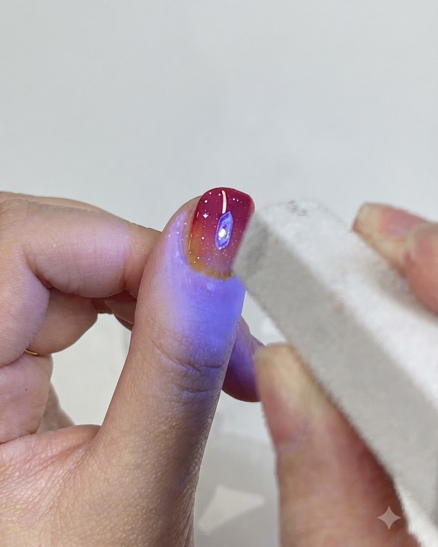 Une mini lampe UV/LED émettant une lumière bleue sur une main pendant le processus de catalyse du gel.