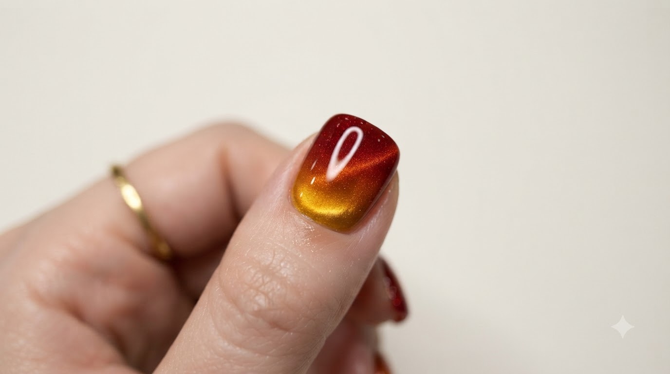 Art d'ongles dégradé œil-de-chat orange et jaune — Tutoriel pas à pas