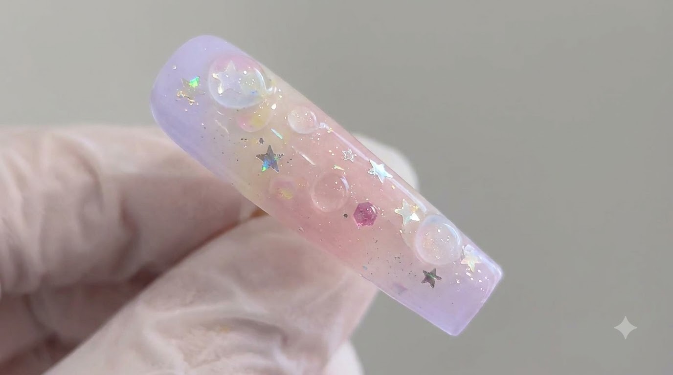 Ongles Dégradés Printaniers Bulles et Étoiles Brillantes — Tutoriel Pas à Pas