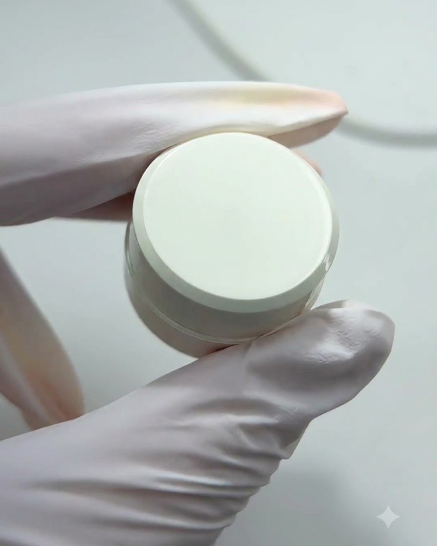 Un bloc éponge chargé de poudre de pigment orange en train dêtre tapoté sur une capsule dongle.