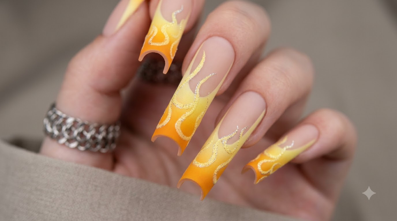 Ongles Flammes Orange avec Accents de Paillettes Argentées — Tuto Étape par Étape