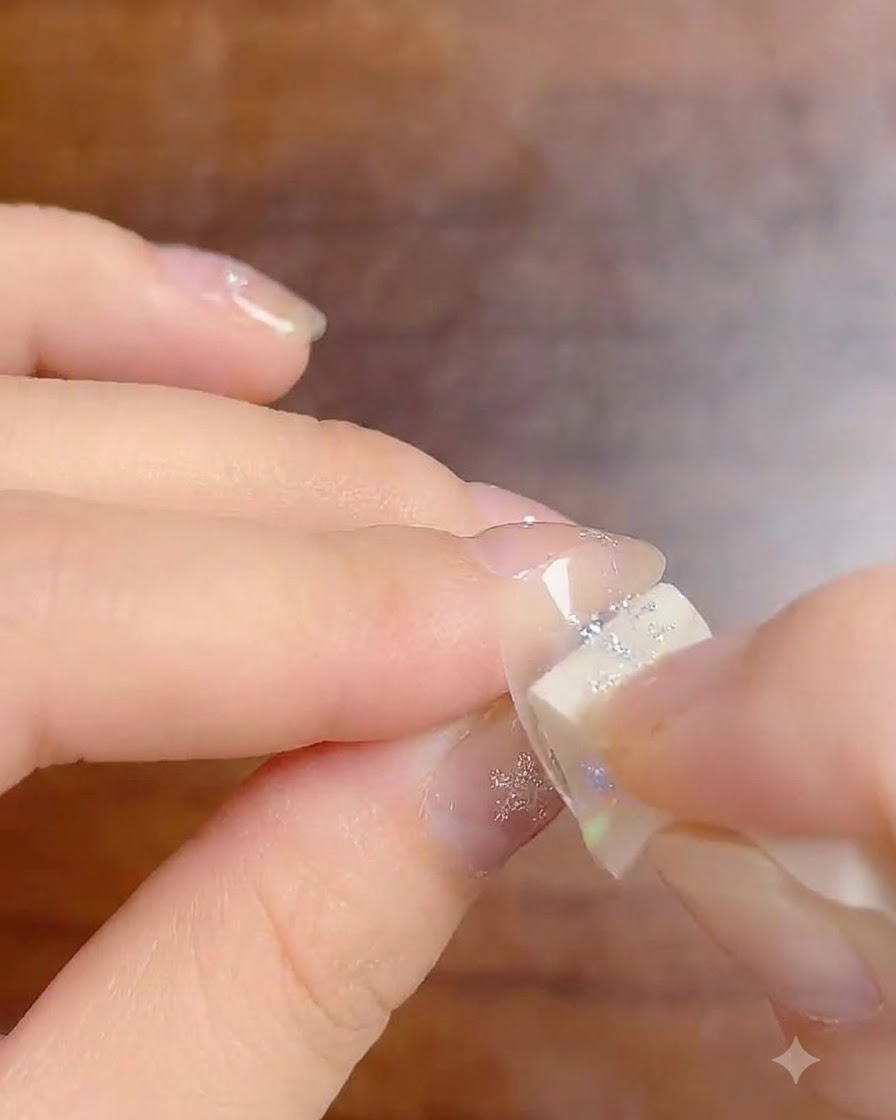 Une petite éponge de maquillage appliquant du gel dégradé blanc lait sur le bout dun ongle.