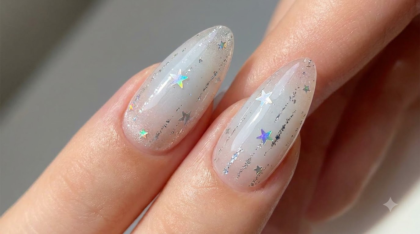 Ongles Gel Dégradé Étoiles Argentées — Tuto Ombré Blanc Lait