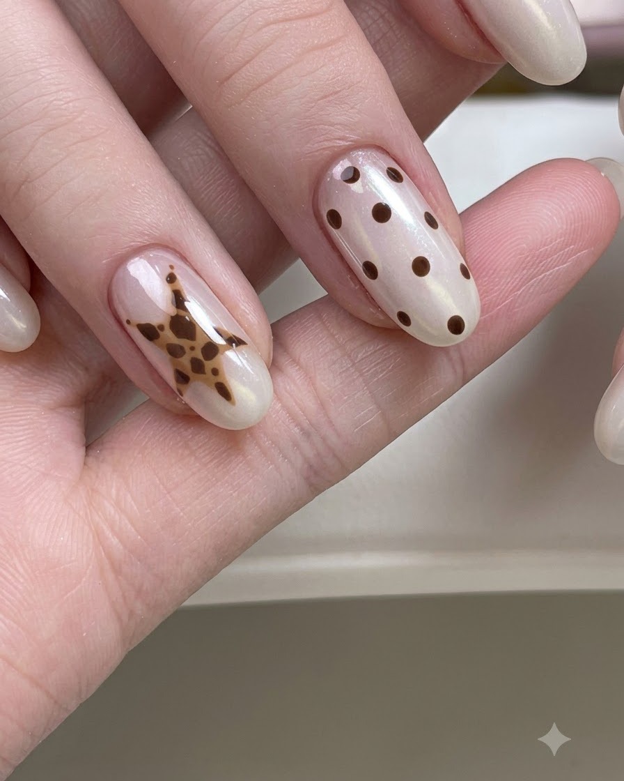 Vue rapprochée de mains présentant des ongles décorés de motifs détoiles et de pois sur un fond propre.