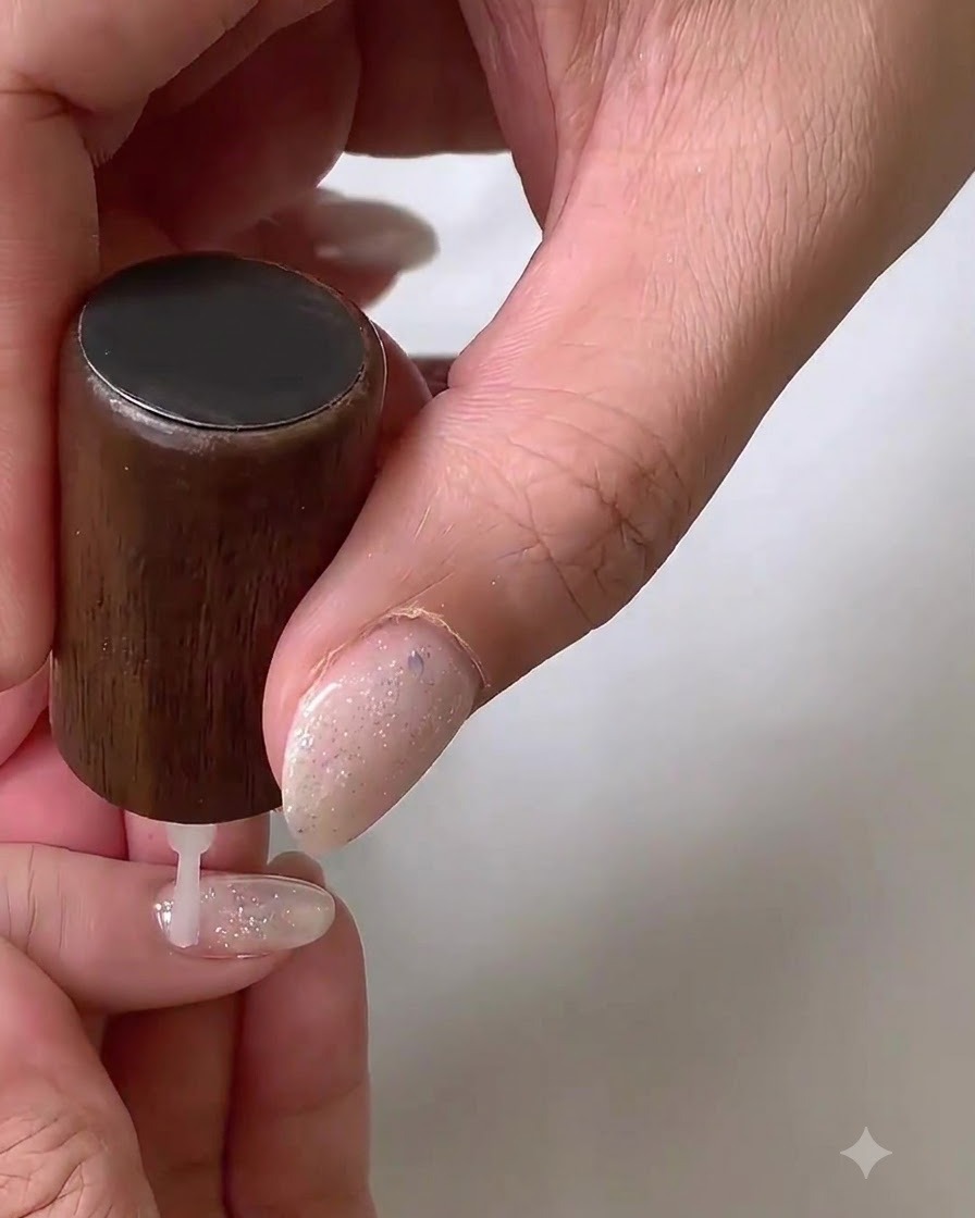 Une brosse à ongles douce balayant la poussière de la surface dun ongle manucuré.