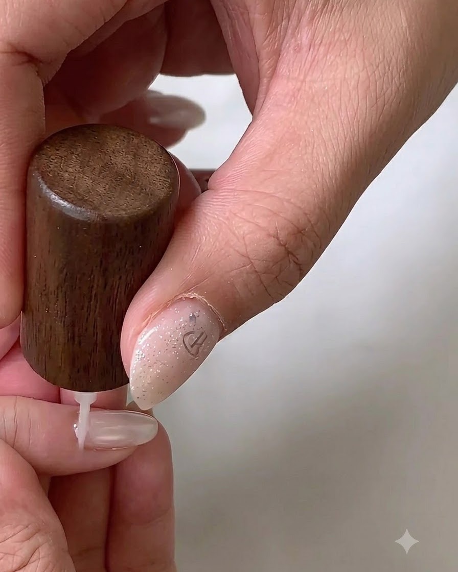 Un pinceau plat à gel appliquant une base en gel blanc sur un ongle naturel.