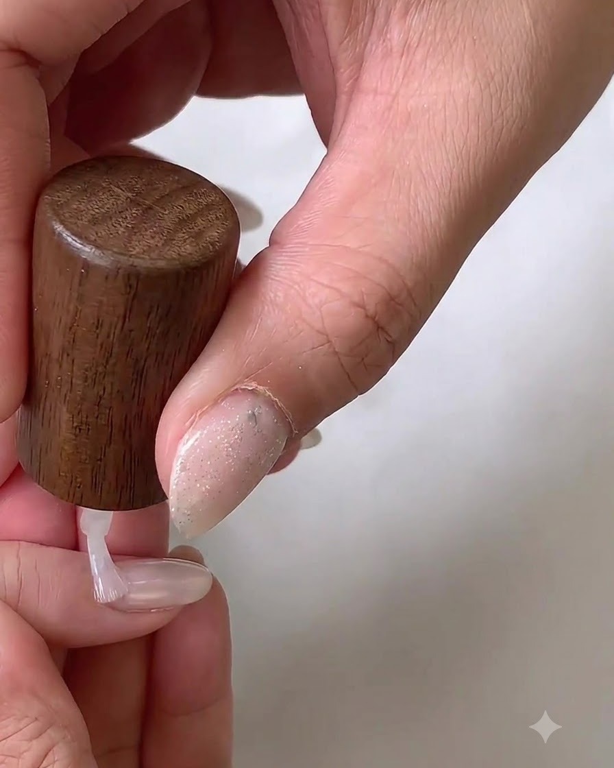 Un pinceau appliquant une seconde couche de base en gel blanc sur longle.