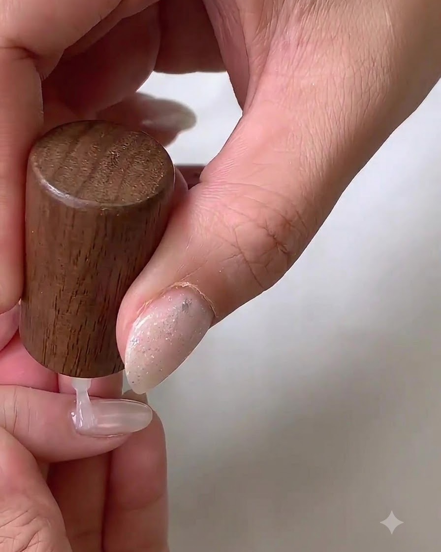 Un pinceau de détail lissant la couche de gel blanc sur un ongle.