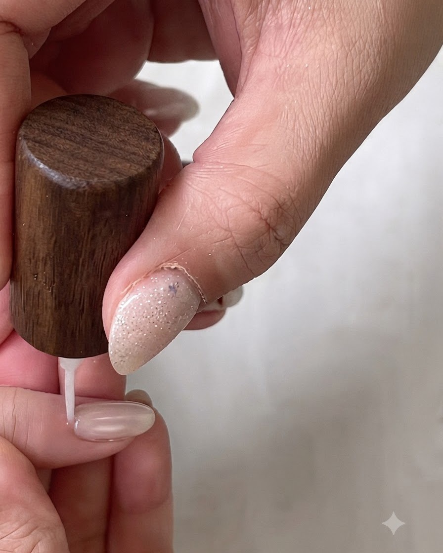 Une paire de pincettes plaquant un autocollant de guidage sur la surface dun ongle manucuré.