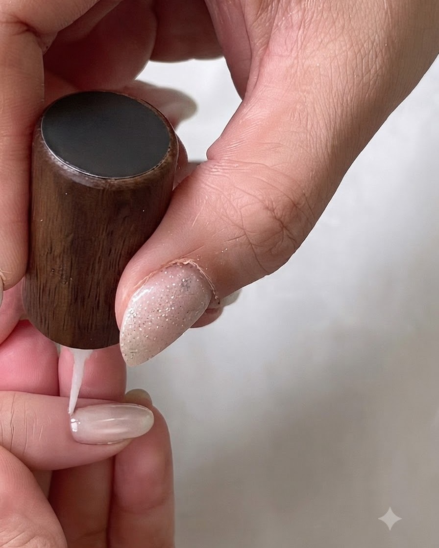 Un outil à punte appliquant de petits points marron sur une base dongle claire.