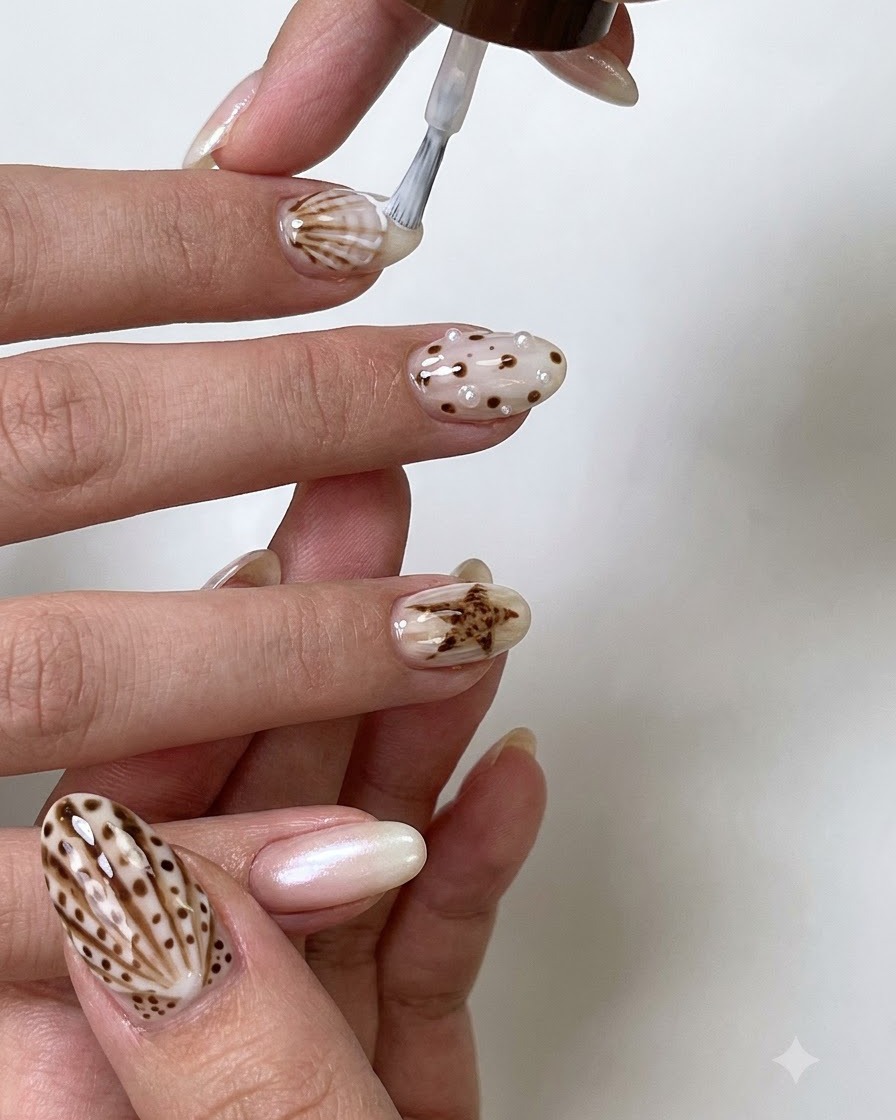 Un pinceau liner fin dessinant des détails et des contours marron précis sur un ongle décoré.