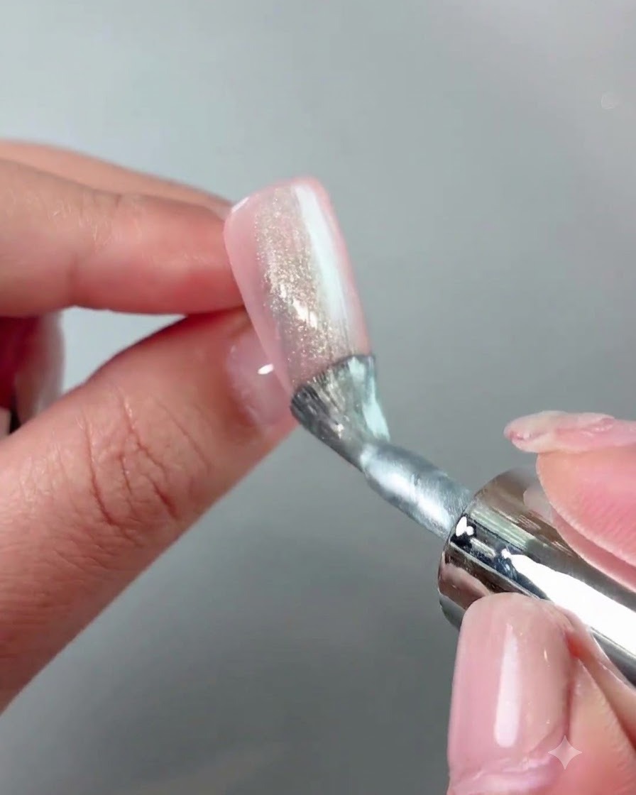 Un outil magnétique tenu près des côtés dun ongle pour pousser et façonner les particules œil-de-chat en une large bande.