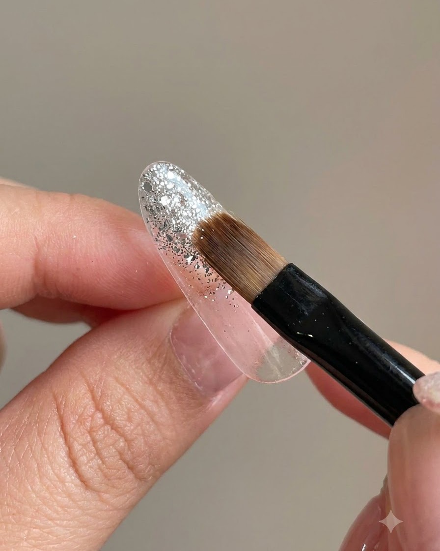 Un pinceau éventail plat tenu à un angle de 45 degrés pour estomper les paillettes argentées vers le bas en un dégradé.