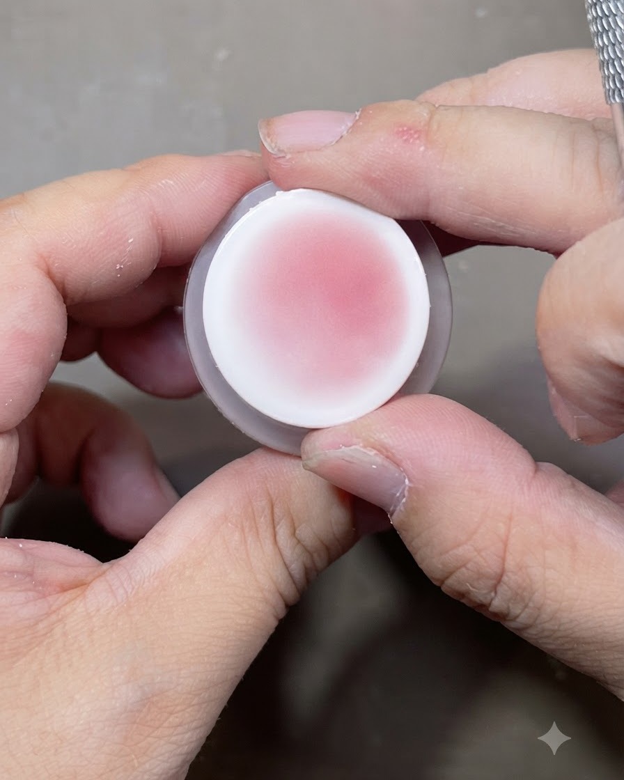 Un tampon pour ongles chargé dun pigment blush rose doux, tenu entre les doigts avant lapplication.