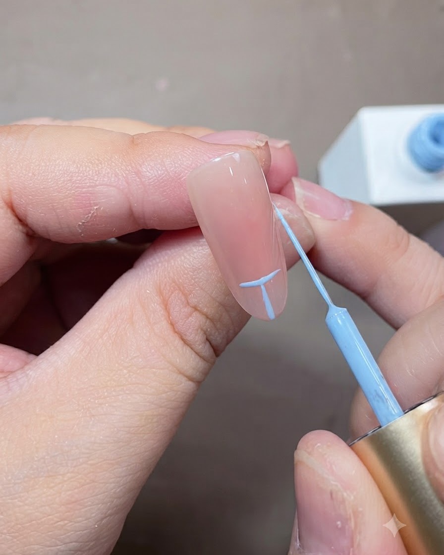 Un pinceau fin traçant des lignes dalignement bleu clair sur un ongle nude pour planifier la forme de la French.