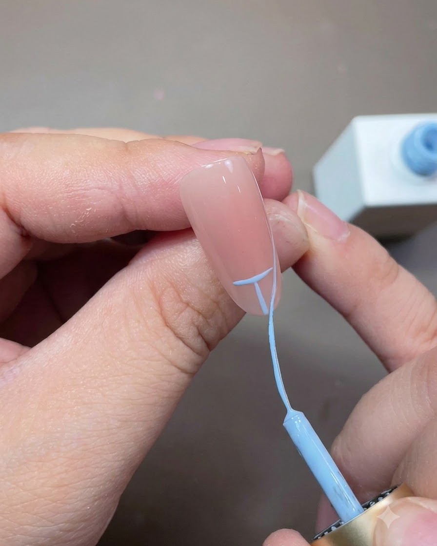 Un pinceau fin reliant les repères bleus pour créer un arc de French tip lisse sur longle.