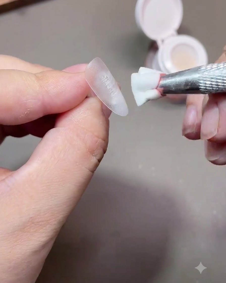 Un outil éponge appliquant du pigment rose sur le bord dun ongle pour créer un look blush en dégradé.