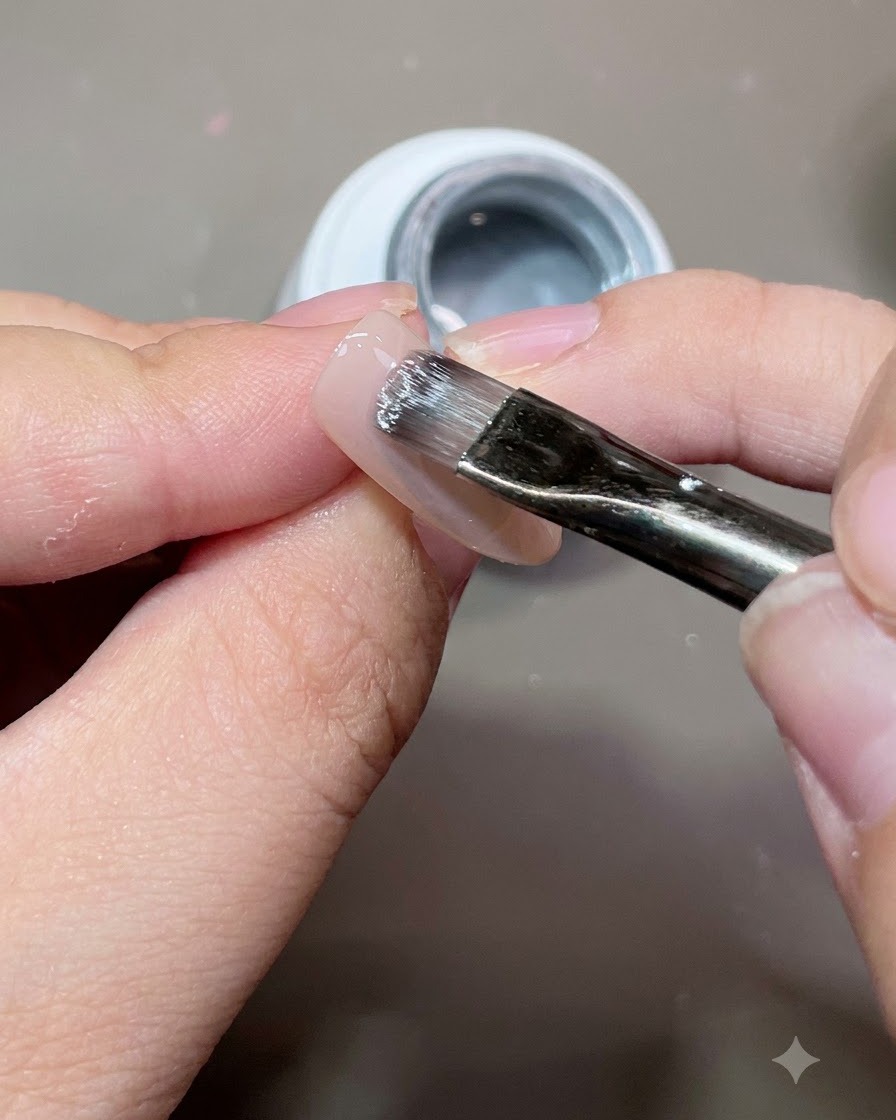 Un pinceau appliquant du gel cat eye translucide sur la surface dun ongle manucuré.